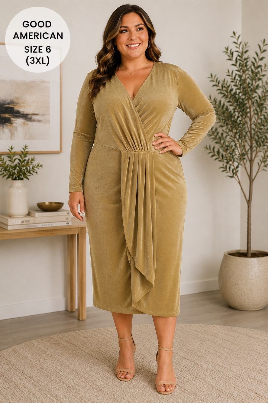 Good American Size 6 (3XL) Pale Gold Faux Wrap Midi Dress NWT